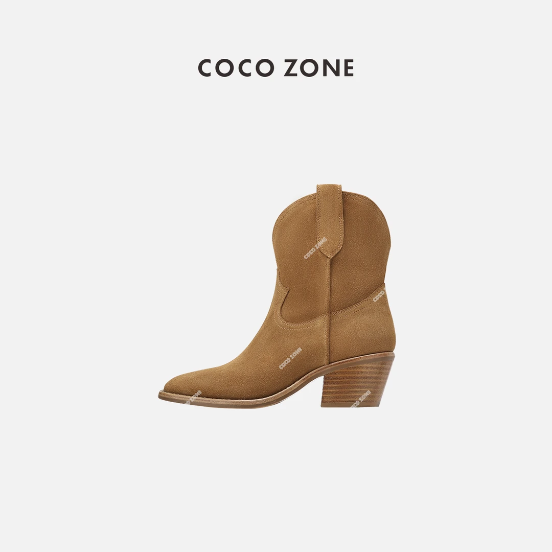 COCO ZONE 刘一一 磨砂皮靴子靴尖头西部牛仔靴子23C30227