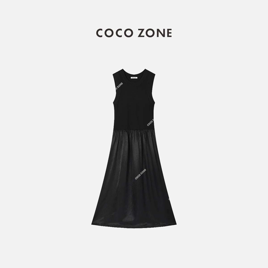 COCO ZONE 刘一一 气质无袖圆领拼接针织连衣裙皱感设计23C18596