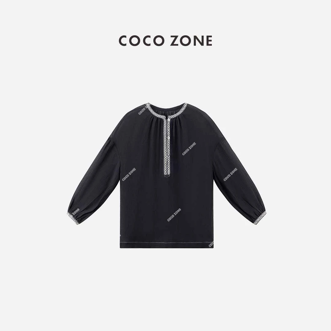 COCO ZONE 刘一一时尚撞色长袖衬衫百搭圆领休闲宽松上衣CC1B1222