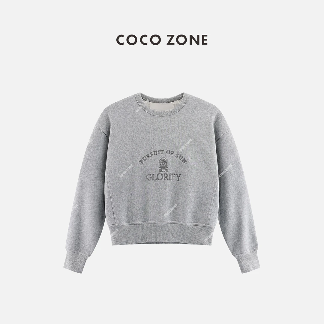 COCO ZONE 刘一一 100棉圆领字母刺绣卫衣慵懒风上衣24C10286