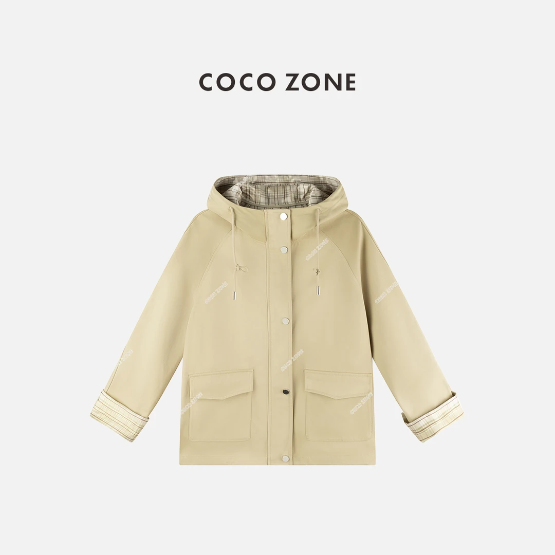 COCO ZONE 刘一一"大溪地"秋季复古连帽内里格纹长袖外套CC2C1528