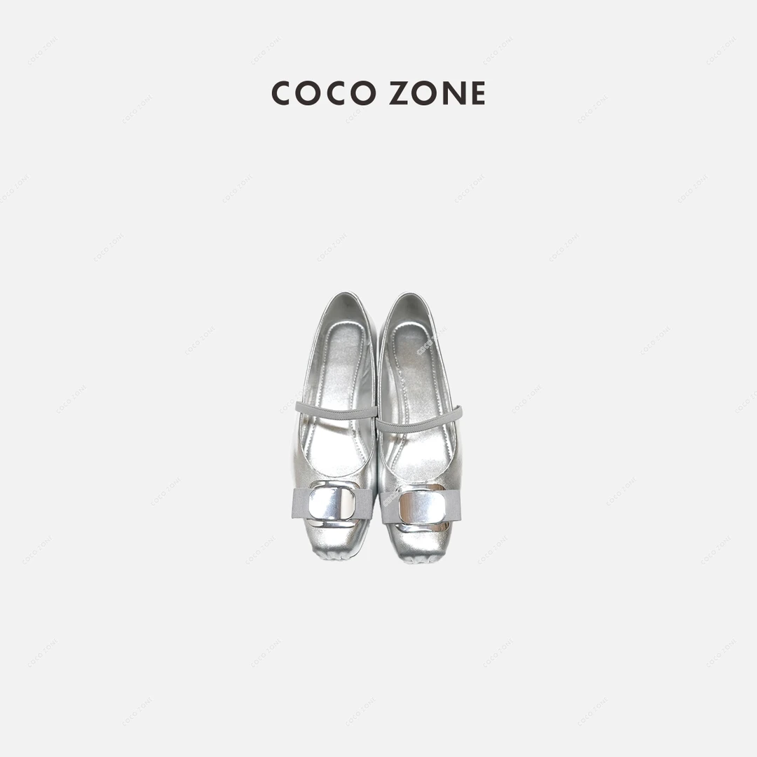 COCO ZONE 刘一一 法式真皮银色一字带蝴蝶结芭蕾舞单鞋HC2A0157