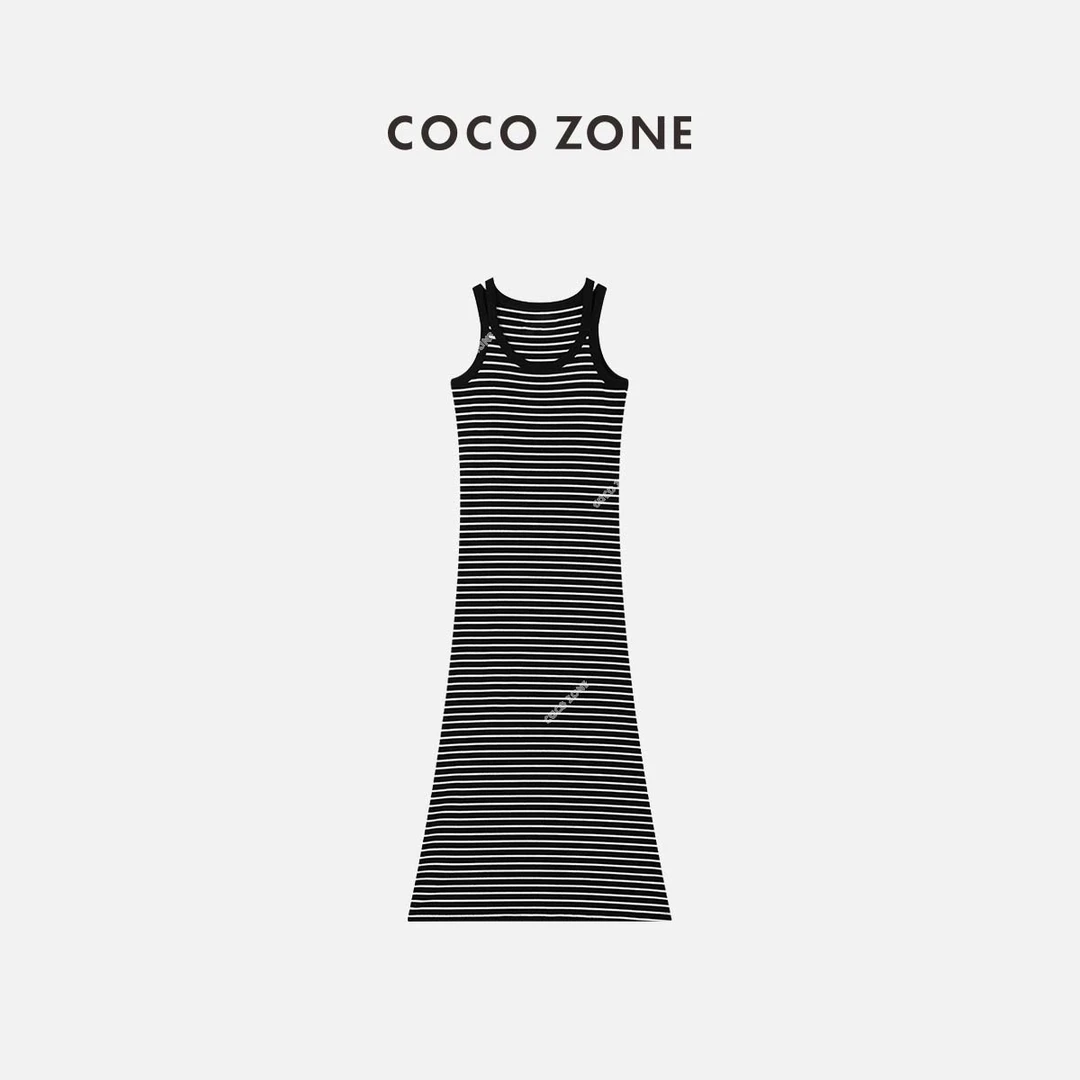 COCO ZONE 刘一一条纹连衣裙袖圈包边撞色背心中长裙23C18541