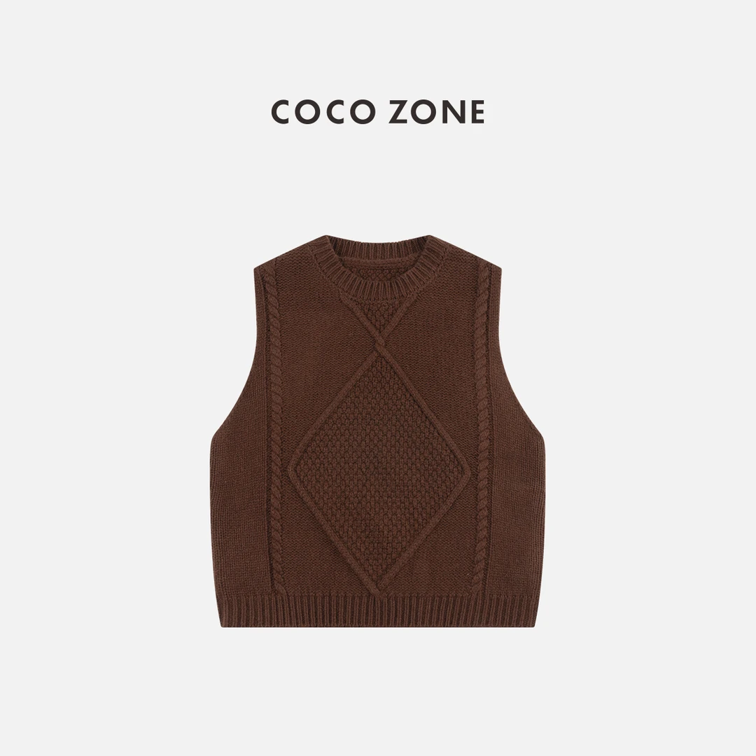 COCO ZONE 刘一一 100绵羊毛麻花针织背心别致圆领上衣CC2C2324