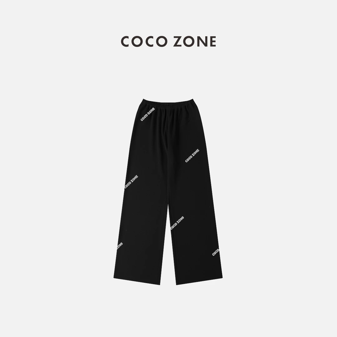 COCO ZONE 刘一一 女士百搭直筒松紧腰黑色休闲裤子 23C18063