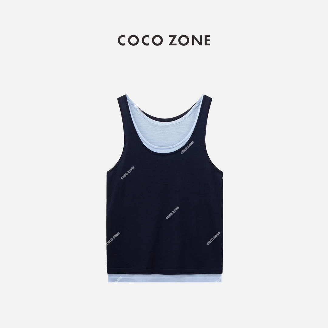 COCO ZONE 刘一一"卢比"100绵羊毛拼色无袖毛针织衫上衣CC2B0531