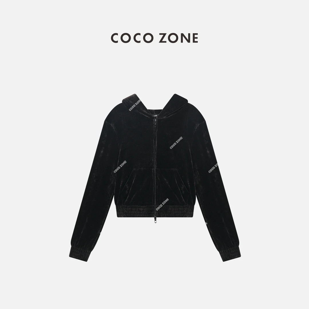 COCO ZONE 刘一一 莱赛尔天丝气质连帽丝绒外套长袖拉链23C19343