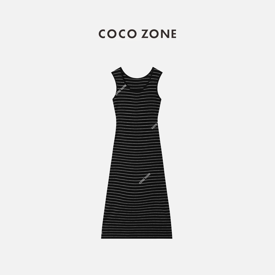 COCO ZONE 刘一一 新款a字中长裙条纹修身无袖连衣裙23C18303