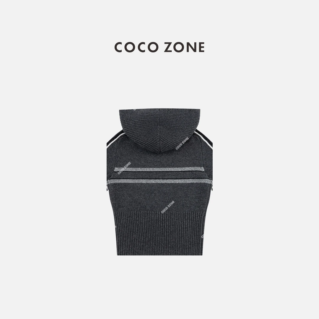 COCO ZONE 刘一一 100绵羊毛复古设计感拼色连帽针织衫CC1D2579