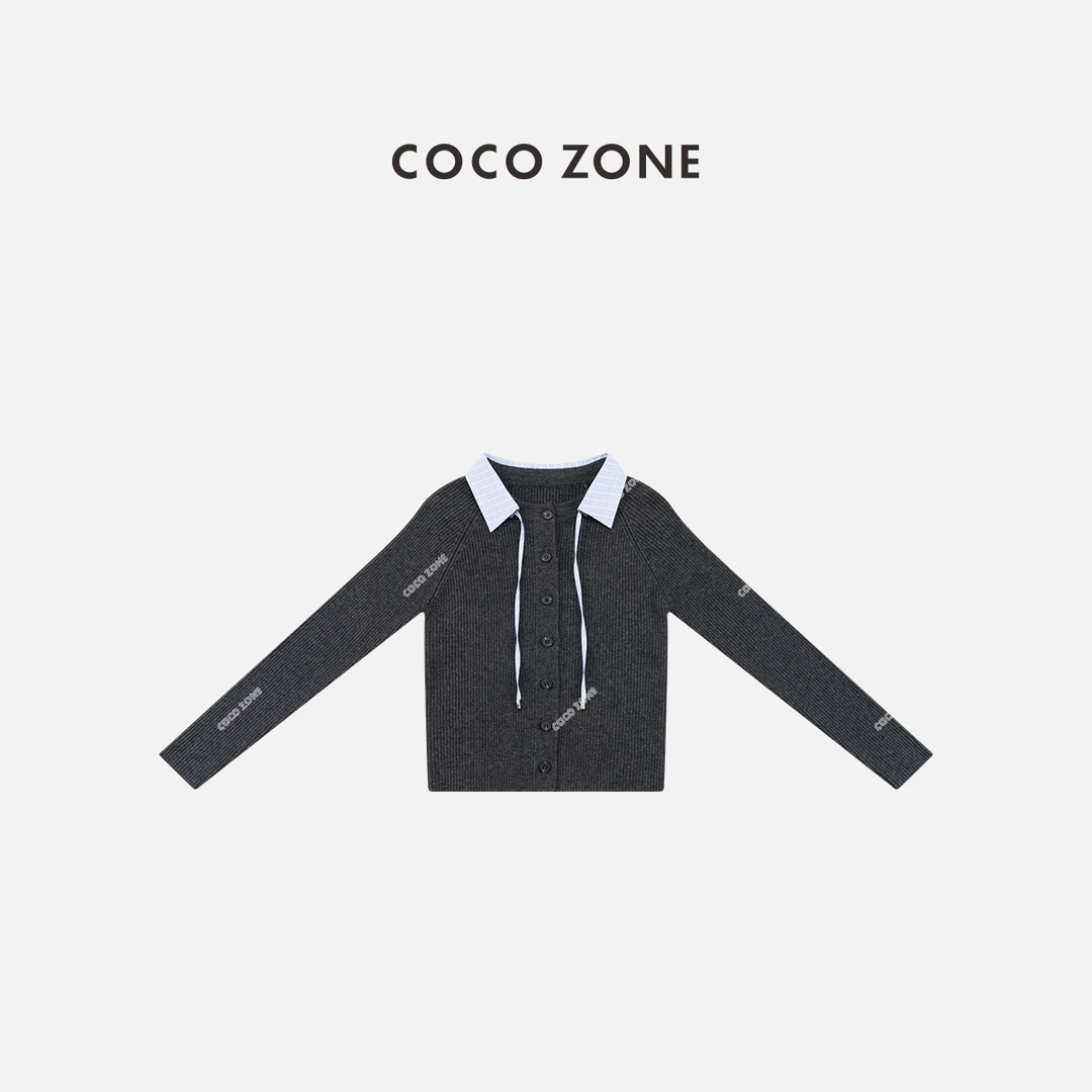 COCO ZONE 刘一一 秋冬小众拼接领系带显瘦针织开衫CC2D2728