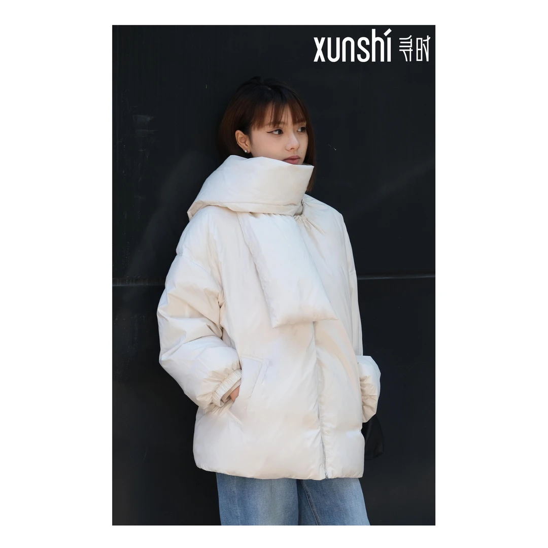 寻时【热得快】冬新款90白鹅绒小众围巾领无衔线宽松保暖羽绒服