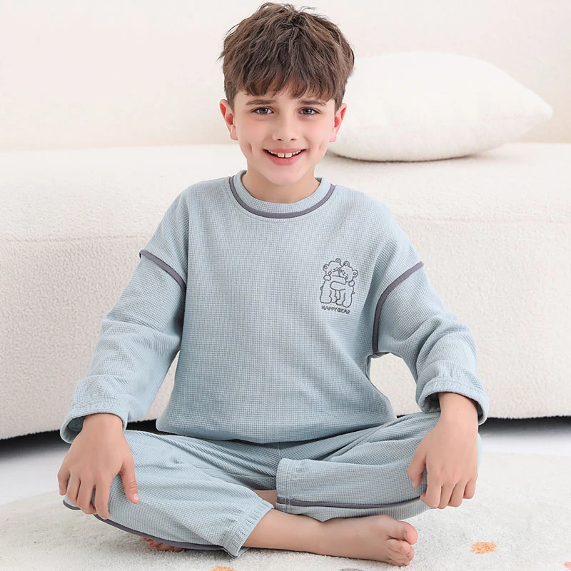 华夫格儿童睡衣春秋薄款男女童小孩长袖中大童宝宝纯棉家居服套装