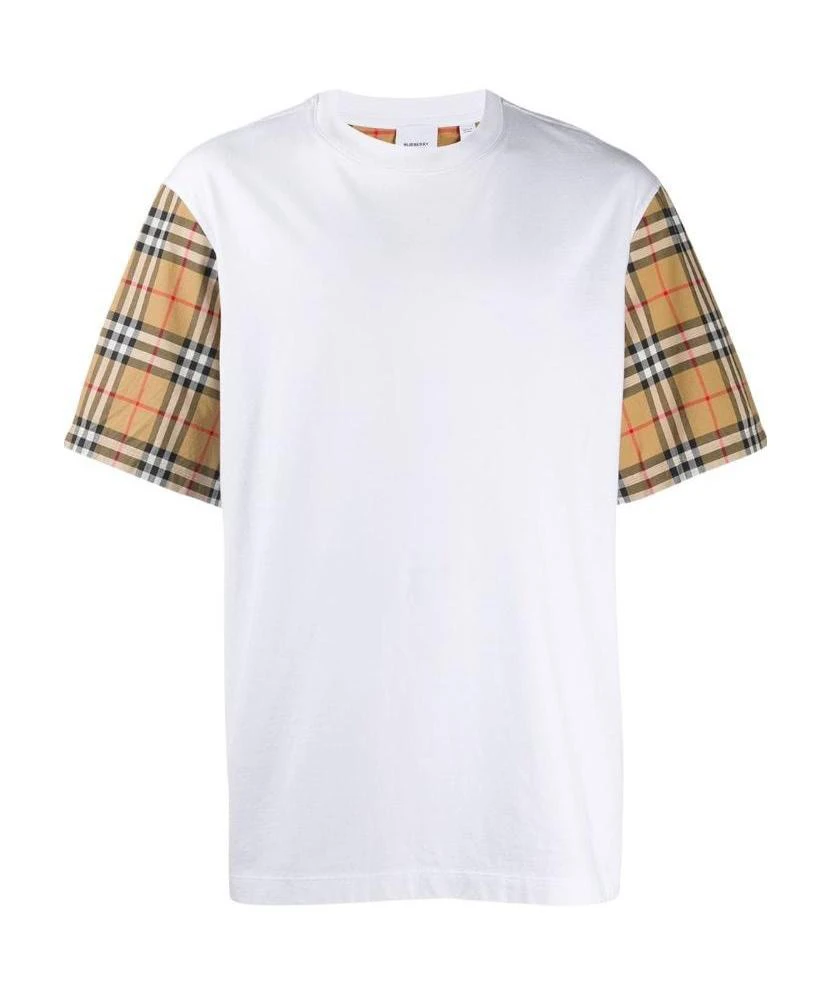 全新未使用 BURBERRY/博柏利 白色袖口拼接格纹条纹圆领 短袖 tee