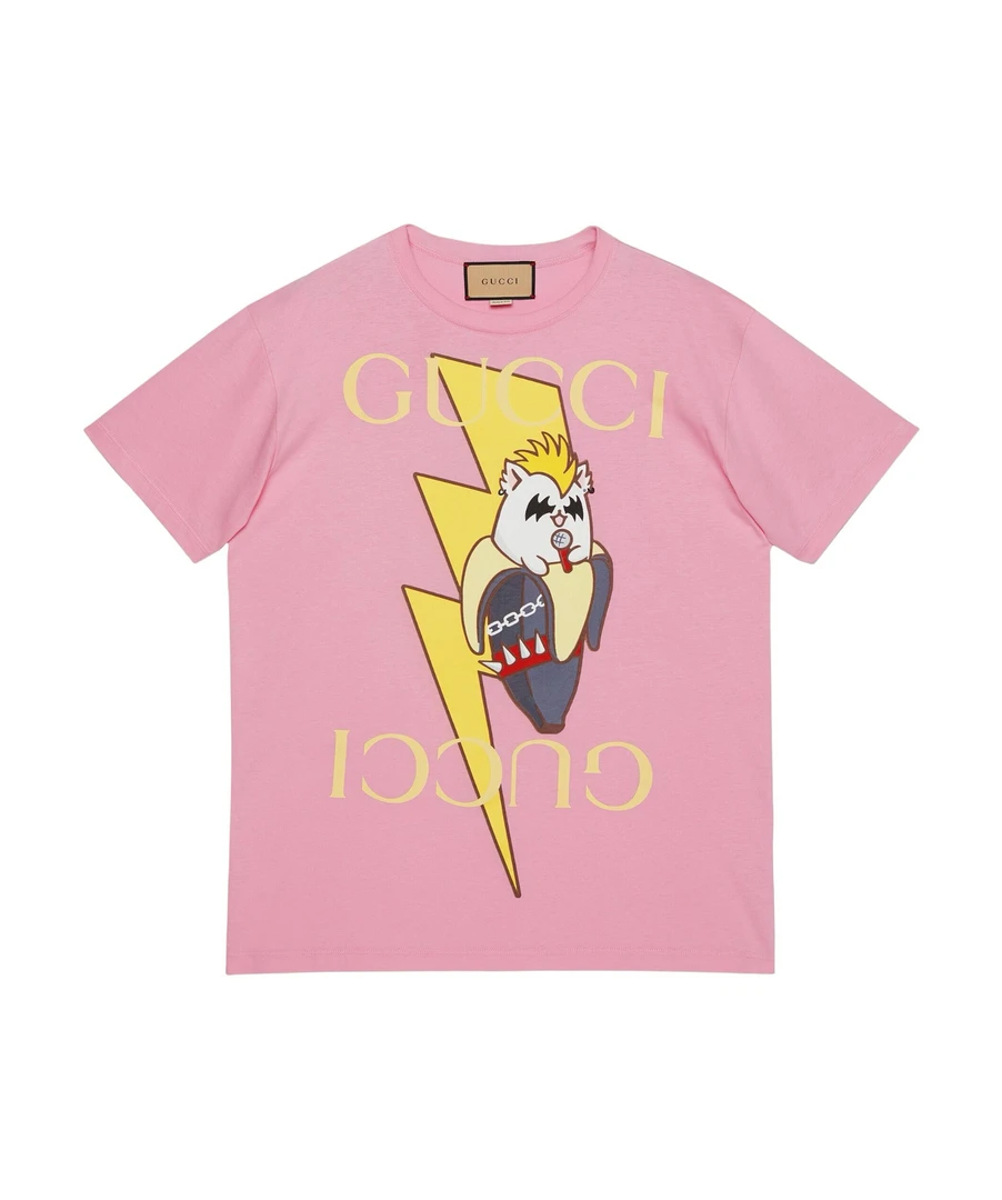 全新未使用 GUCCI/古驰 粉色字母logo闪电香蕉卡通动漫短袖t 女款