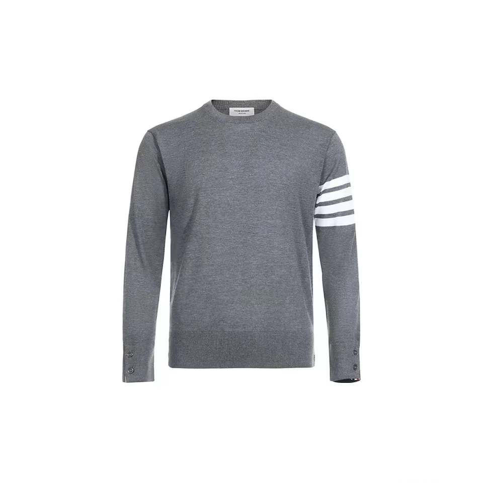 全新未使用 THOMBROWNE 灰色男款经典羊绒长袖套头条纹圆领针织衫