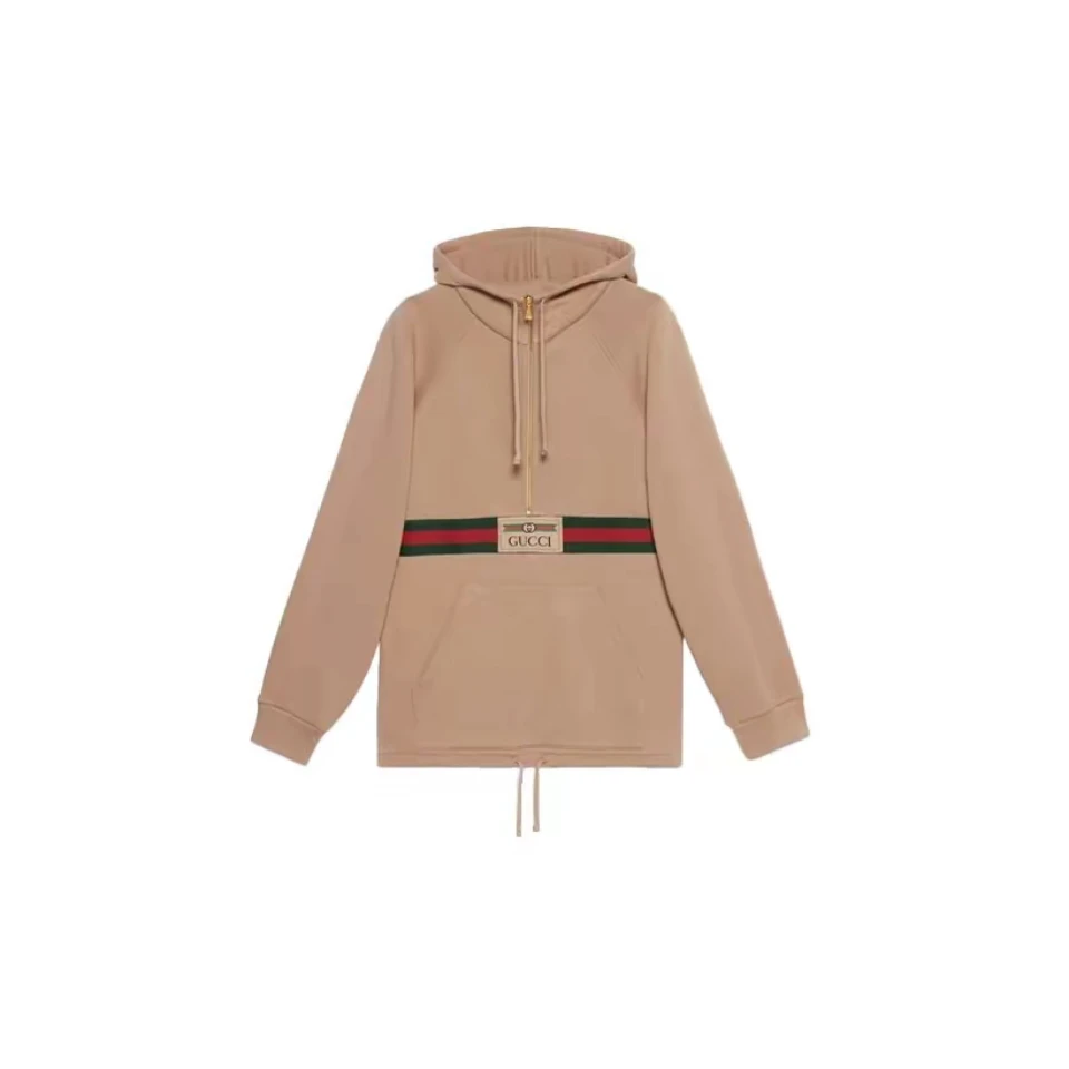 全新未使用 GUCCI/古驰 卡其色红绿织带宽松半拉链 长袖卫衣 帽衫