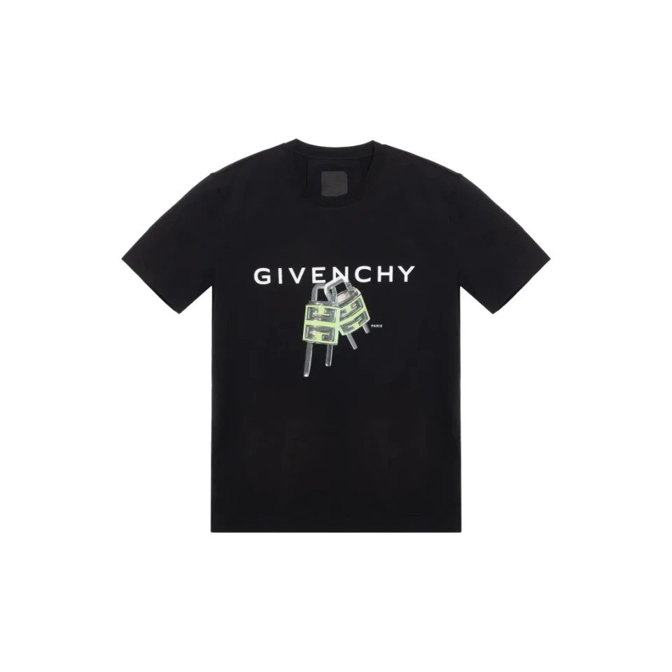 全新未使用 Givenchy/纪梵希 春夏男士字母锁头印花黑色 圆领短袖