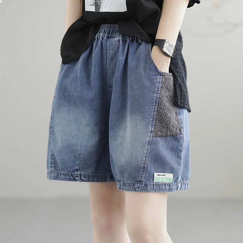 松紧腰宽松哈伦牛仔短裤女夏装薄款2023新款休闲大码复古直筒短裤