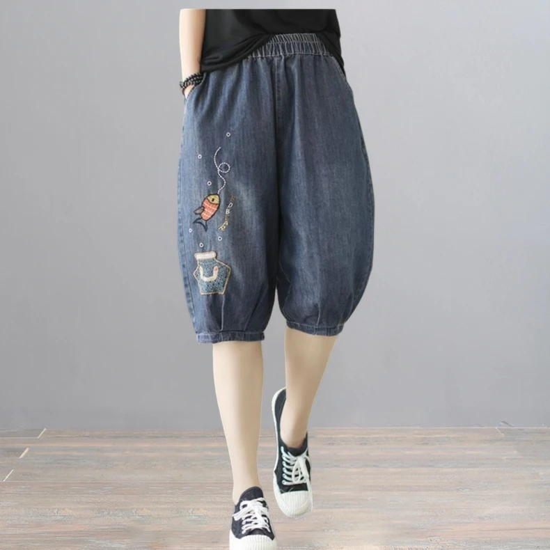 夏季薄款刺绣五分牛仔裤女小个子大码宽松显瘦六分裤哈伦裤灯笼裤