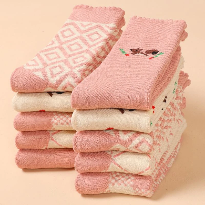 粉色系可爱袜子女中筒袜冬季纯棉加绒加厚保暖毛圈袜日系长袜女袜