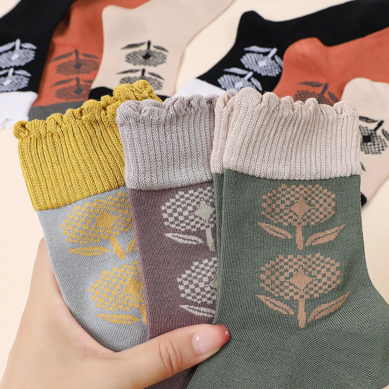 女士花朵中筒袜新疆棉木耳边松口袜中老年人纯棉100%全棉睡眠袜潮