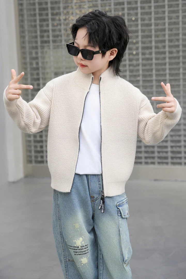 大童针织开衫秋冬儿童男童时尚宝宝加绒小童加厚外穿百搭潮款帅气