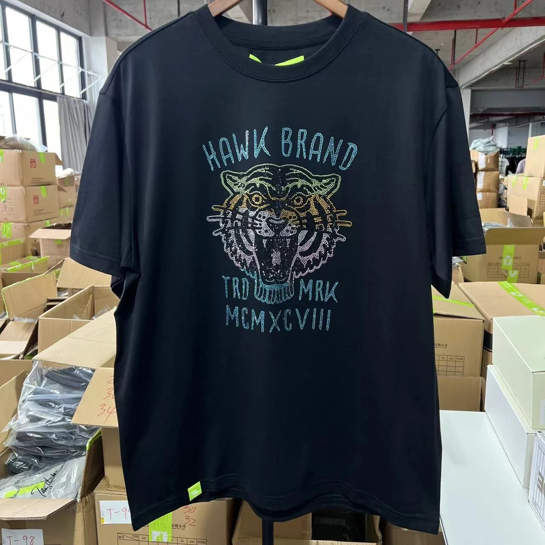 N-6    24潮牌夏季黑色情侣虎头烫钻休闲短袖T 00400