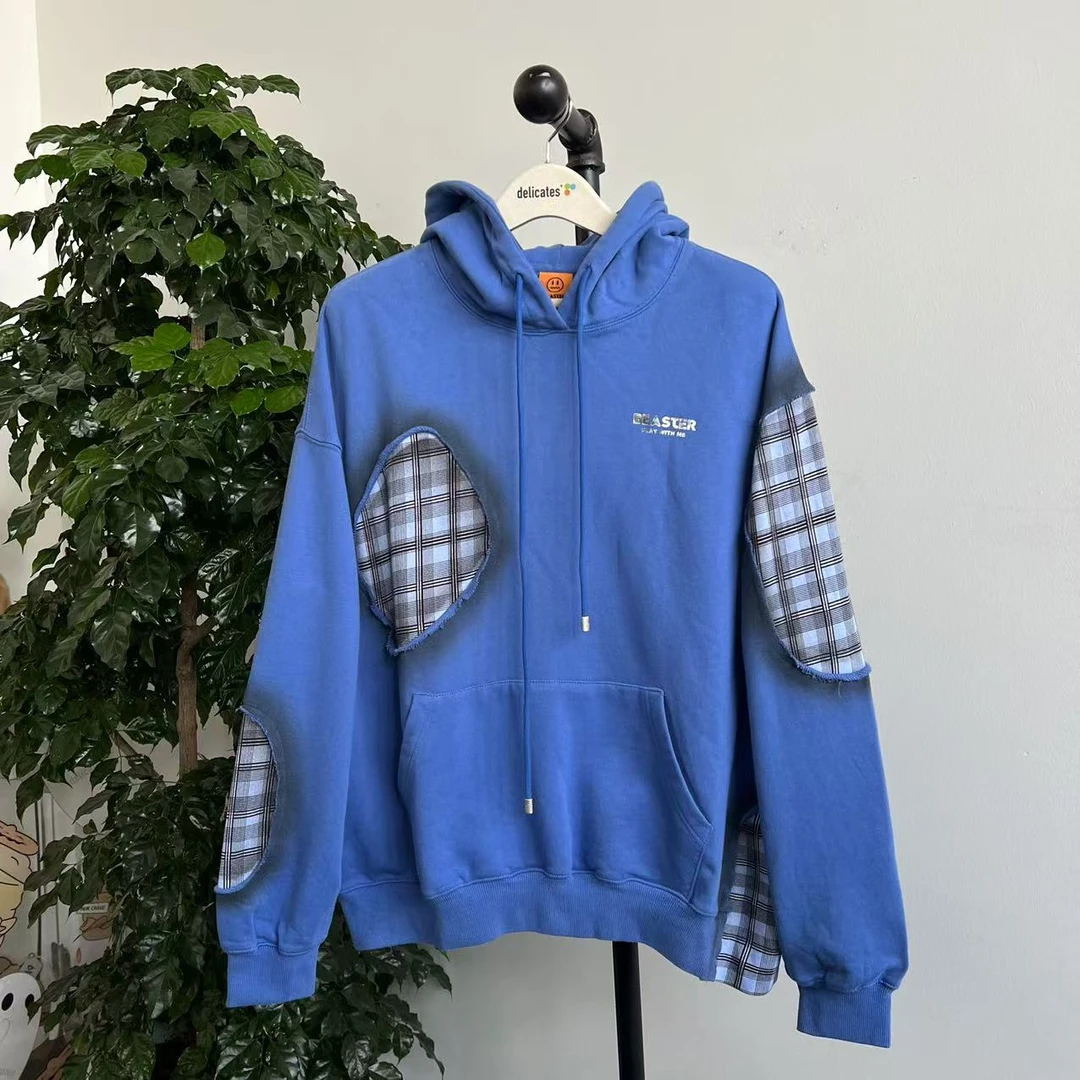 【鬼脸】M-3 24新款潮牌情侣款格子拼接休闲连帽卫衣 81007