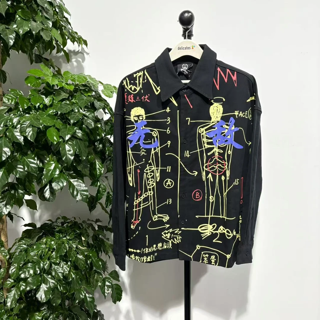 【鬼脸】M-3 24秋季潮牌男款图案印花休闲长袖衬衫 6H205