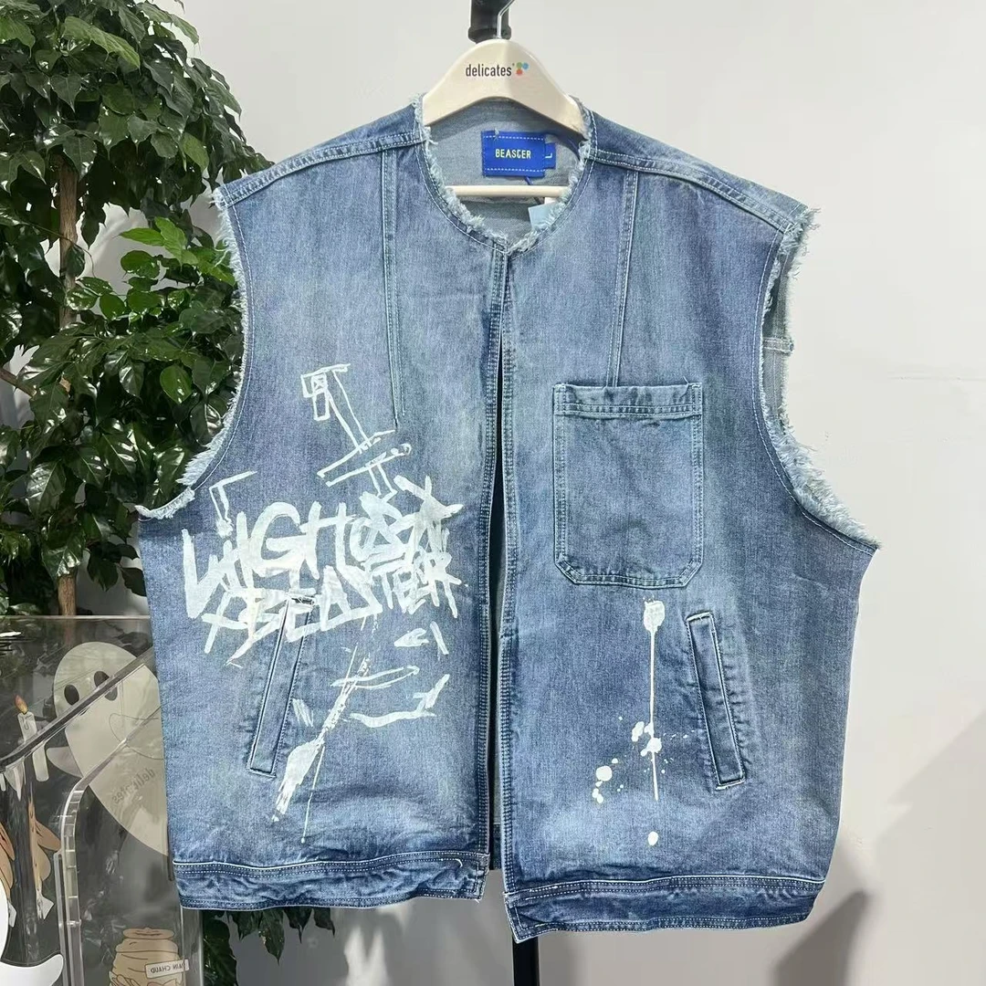 【鬼脸】M-17 24新款潮牌情侣款字母印花时尚牛仔马甲 71348