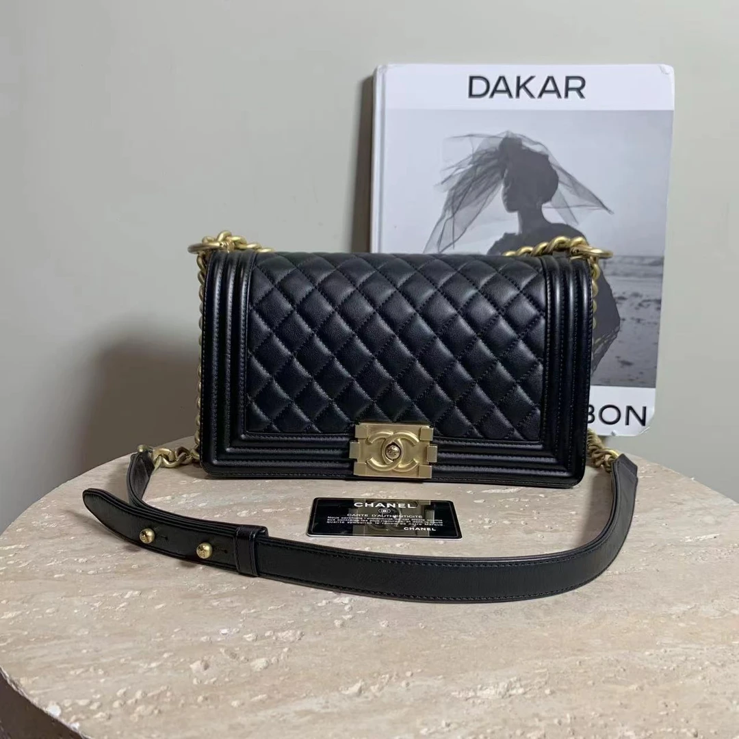 95新 Chanel/香奈儿 壹臻/订金 黑金leboy中号链条包/70304871
