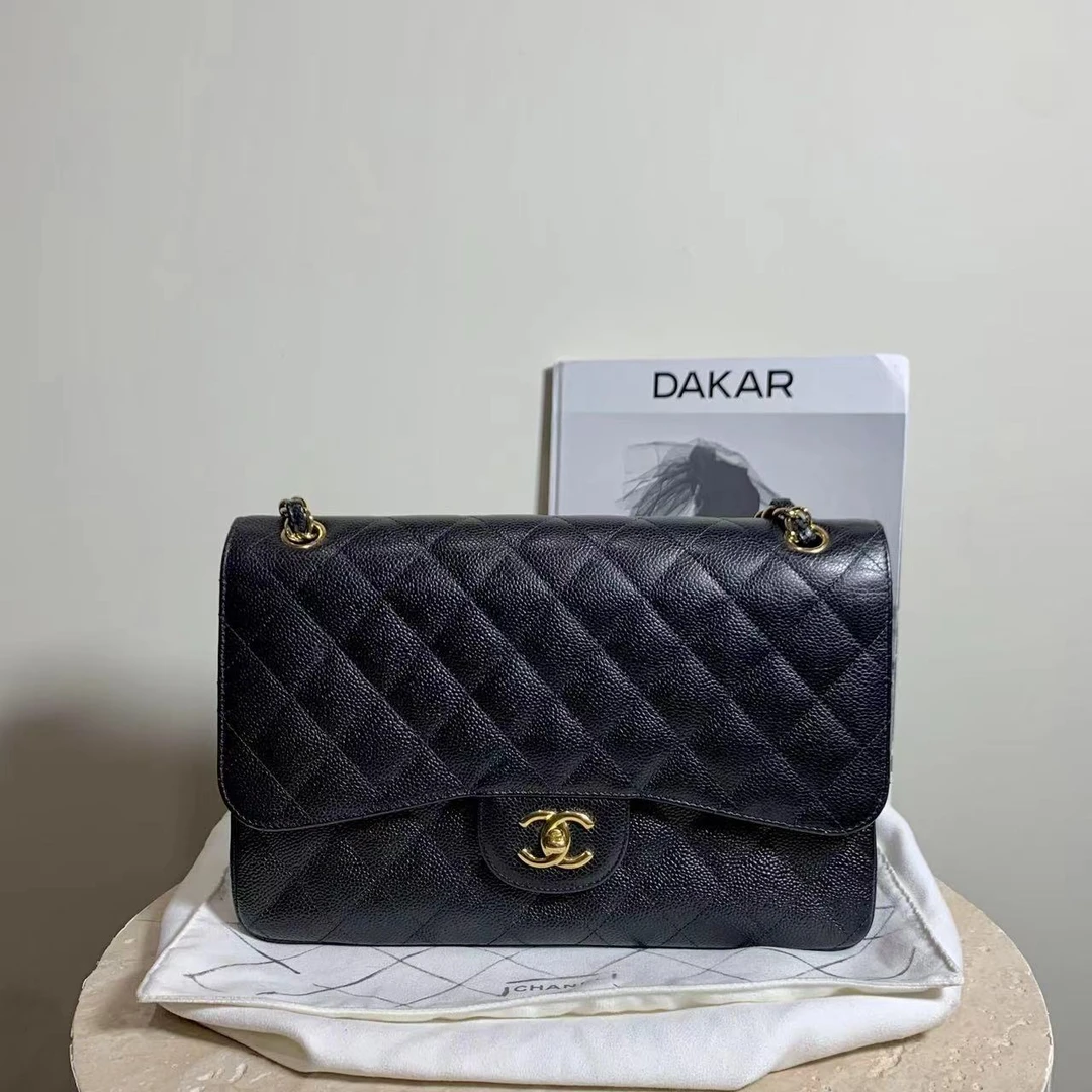 95新 Chanel/香奈儿 壹臻中古/黑金荔枝jumbo单肩包/21107638
