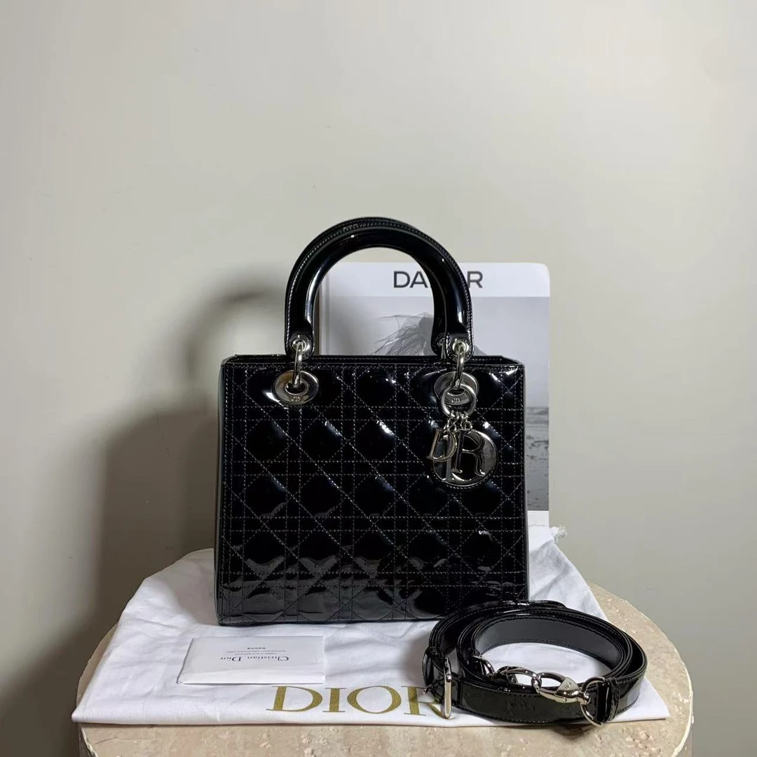 95新 DIOR/迪奥 壹臻/黑银漆皮五格戴妃手提包/43075205