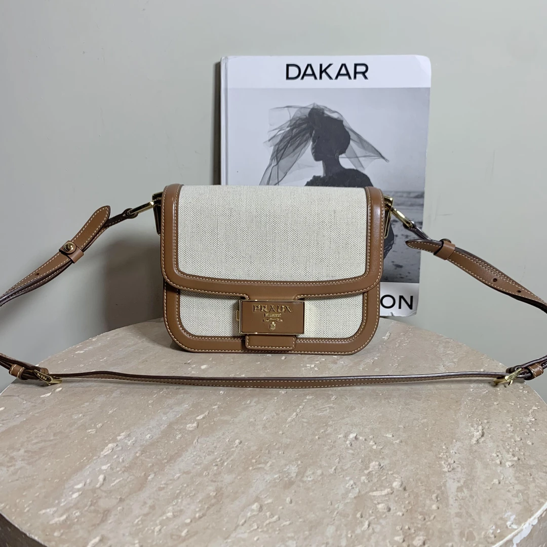 95新 Prada/普拉达 壹臻/棕色帆布拼皮马鞍包/94709876