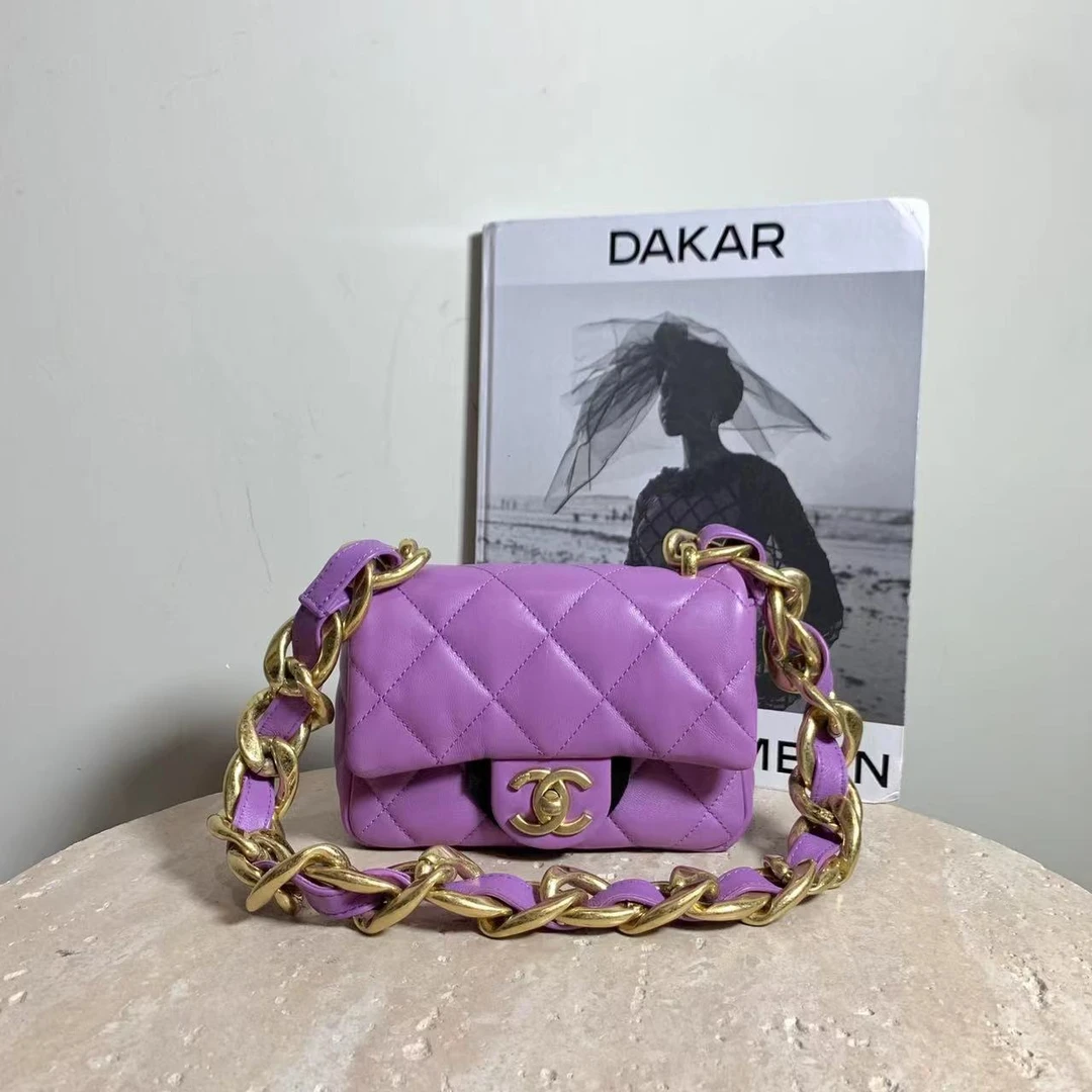 99新 Chanel/香奈儿 壹臻/22S紫色粗链条方胖子斜挎包/97742157