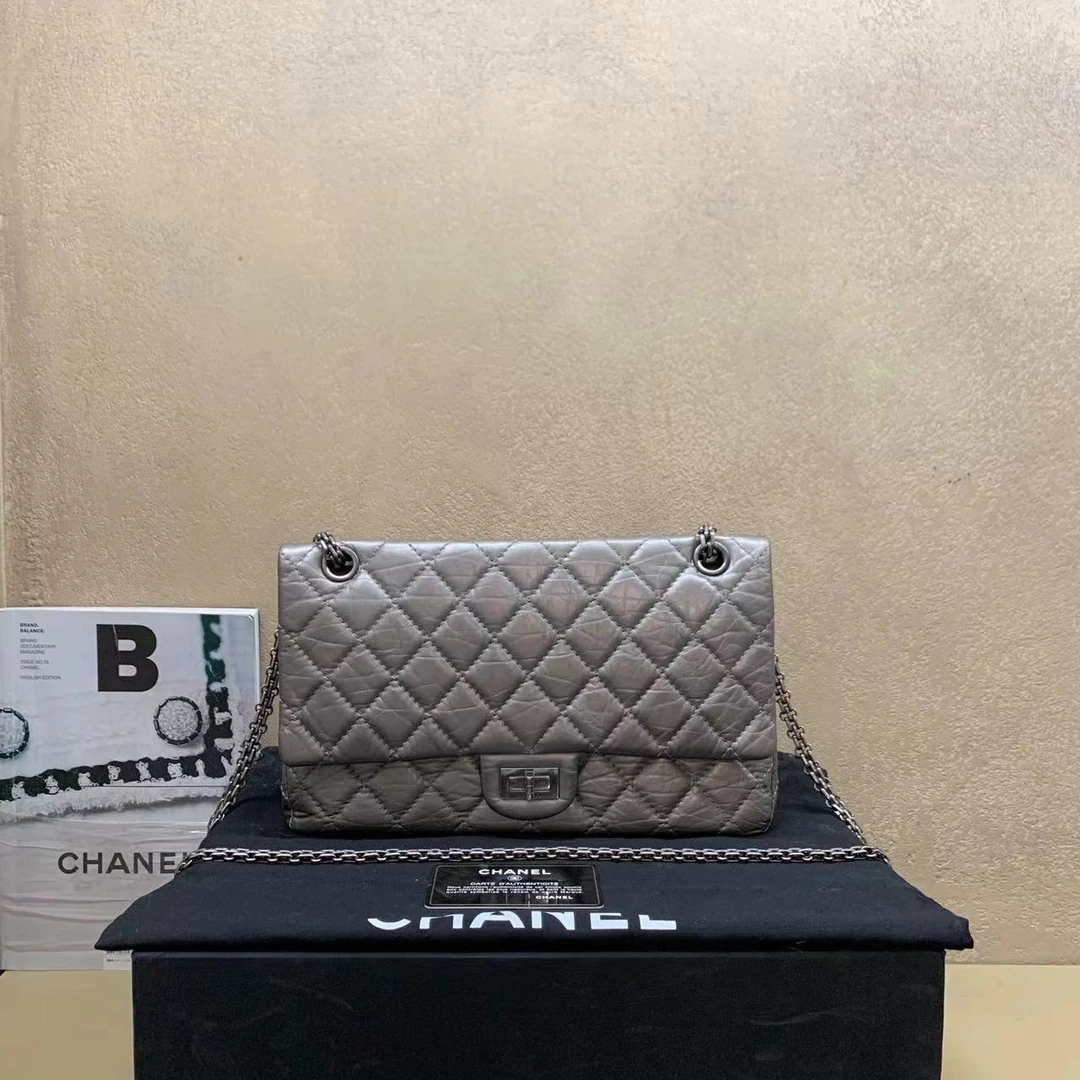 95新 Chanel/香奈儿 壹臻/灰色2.55中号斜挎包 17开/82909980