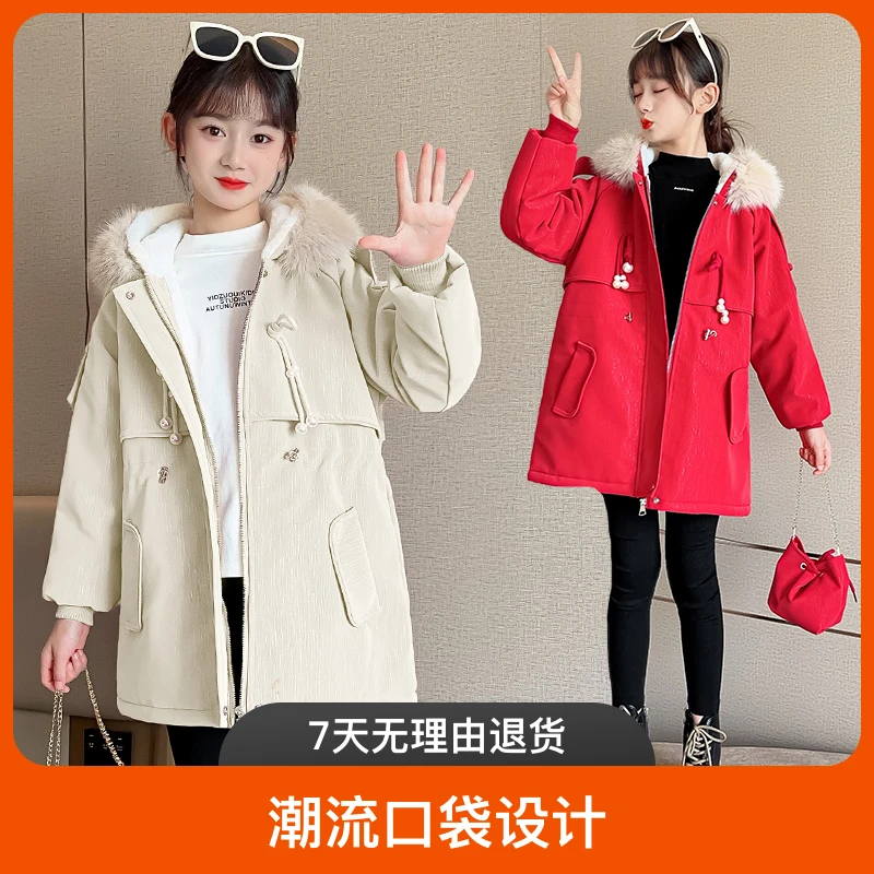 女童秋冬加绒加厚红色连帽中大童韩版爆款洋气中长款冬季皮衣外套