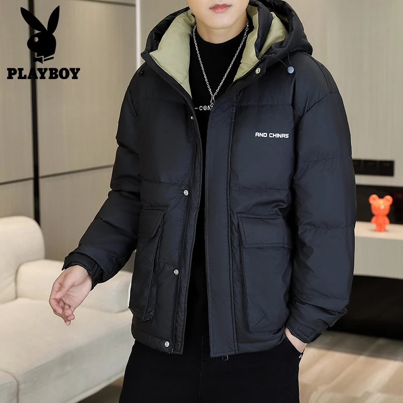 花花PLAYBOY公子潮流休闲时尚连帽羽绒服时尚型男运动外套2023冬