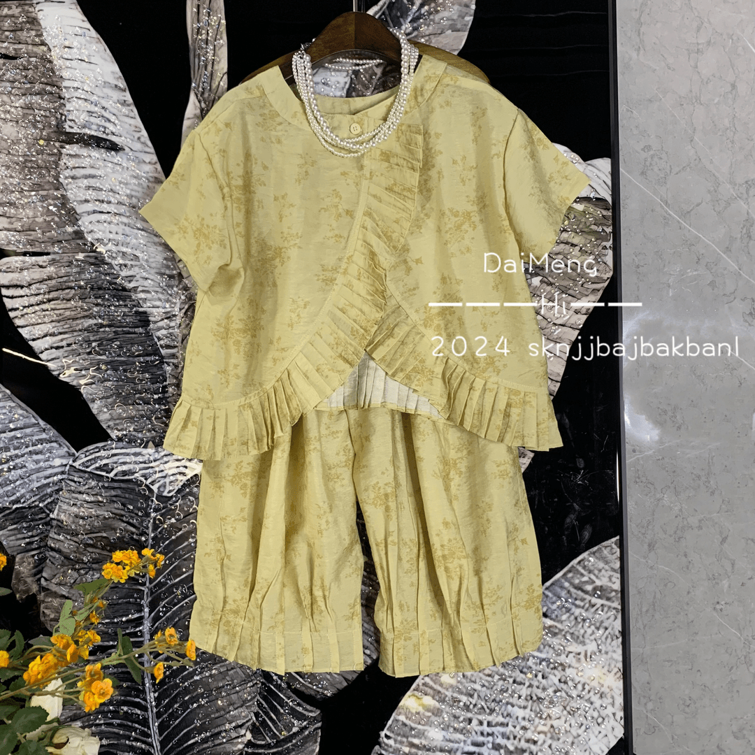 女童夏季休闲时尚套装2024夏款新款复古百搭宽松黄色设计师套装