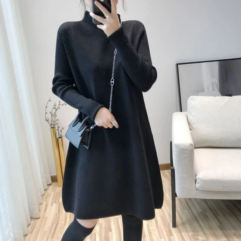 中长款毛衣女秋冬显瘦新款半高领慵懒风加厚套头针织衫宽松毛衣裙