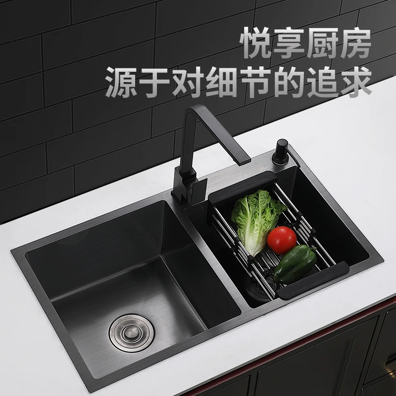 黑金刚厨房水槽双槽不锈钢手工洗菜盆家用洗碗槽加厚洗菜池台下盆