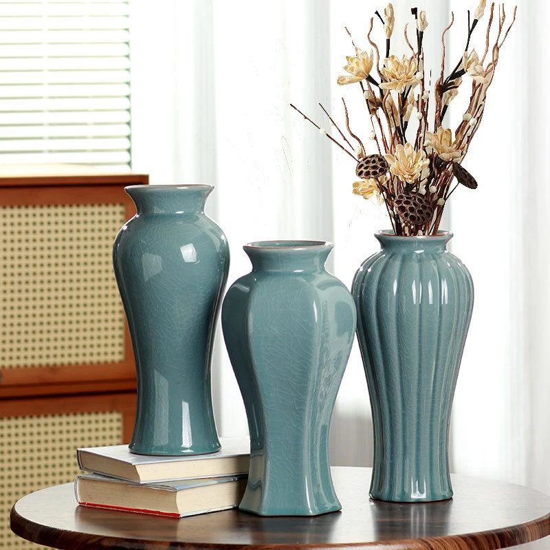 哥窑冰花开片陶瓷花瓶家居客厅玄关装饰鲜花干花插轻奢复古小摆件