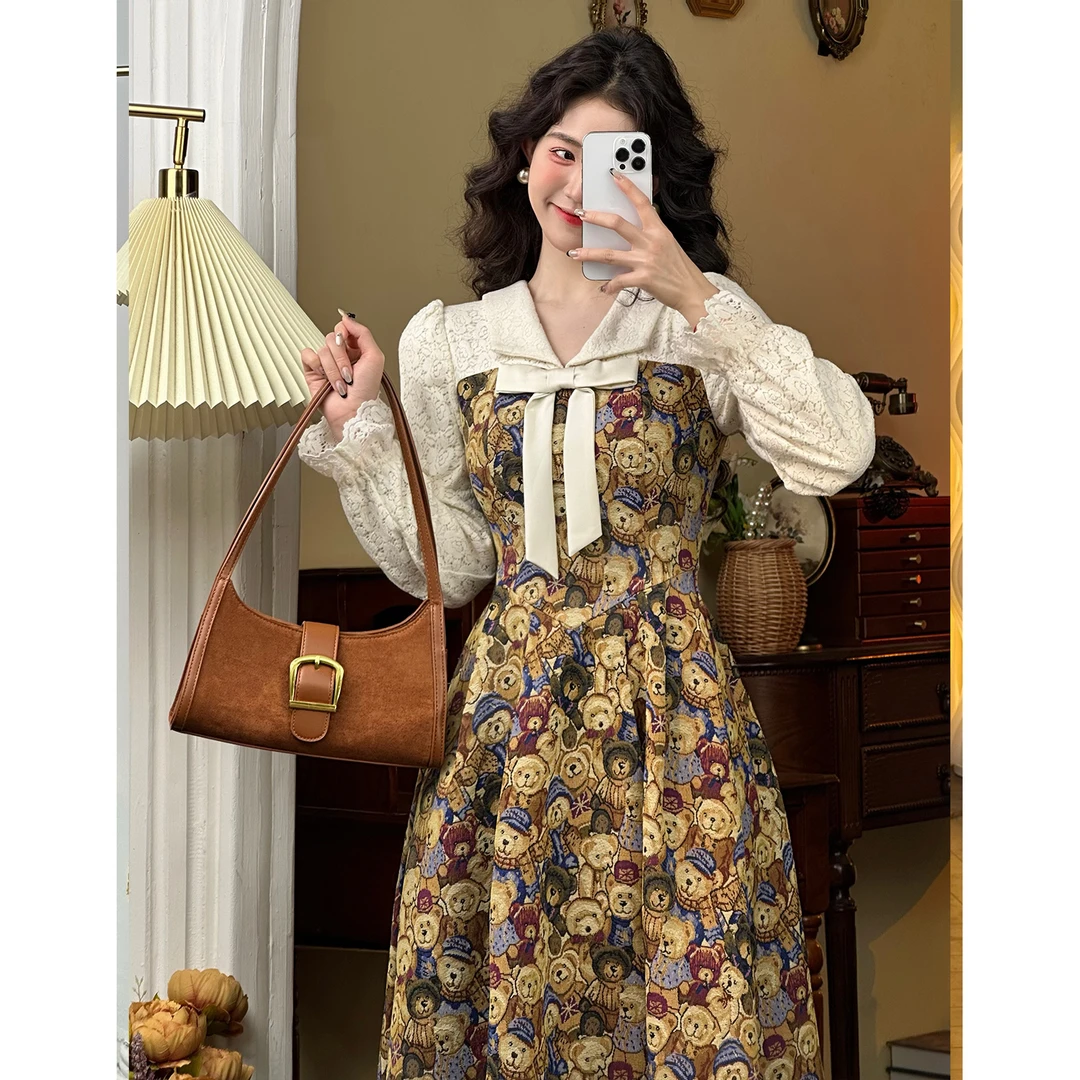 肖夫人【小熊饼干】法式复古港风蕾丝假两件收腰女连衣裙秋冬气质