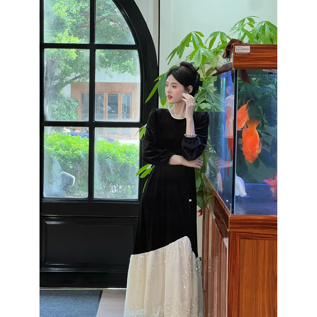 七七【瑶光】连衣裙长袖气质仙气秋冬假两件亮片显瘦设计师款Q684