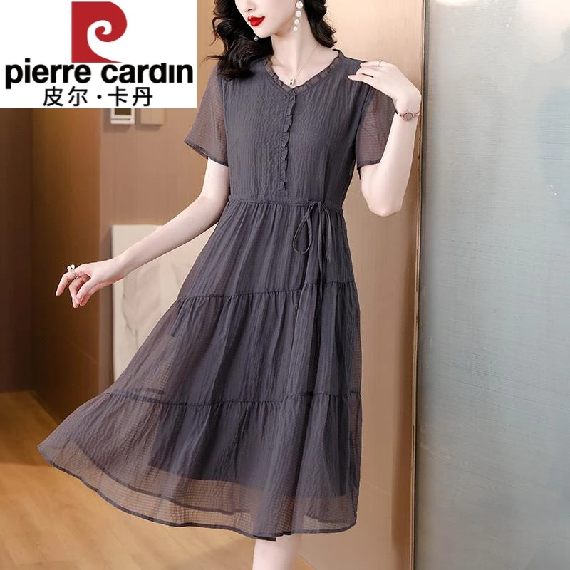 皮尔卡丹夏季灰色短袖雪纺连衣裙2024新款宽松时尚气质荷叶边长裙