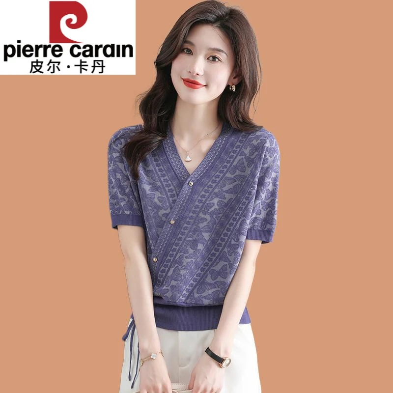 皮尔卡丹v领冰丝短袖t恤女2024新款薄款洋气妈妈夏装桑蚕丝针织小