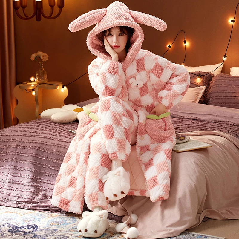 【三层夹棉加厚】2023冬季可爱兔加绒连帽款保暖睡袍女家居服可外出