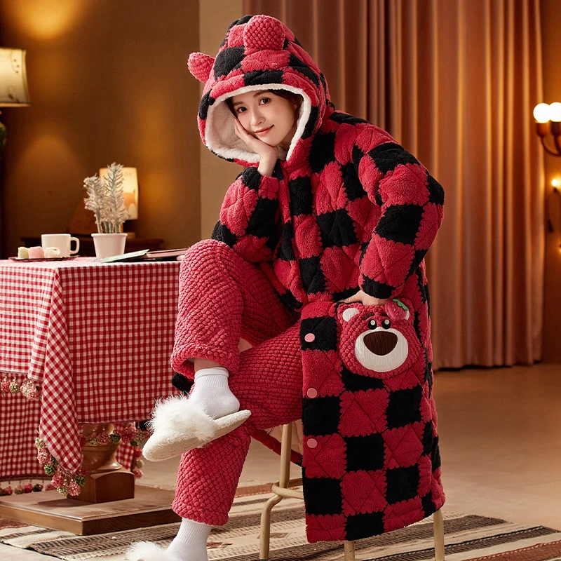2024年秋冬季新款睡衣女三层夹棉加厚保暖睡袍家居服可外出套装