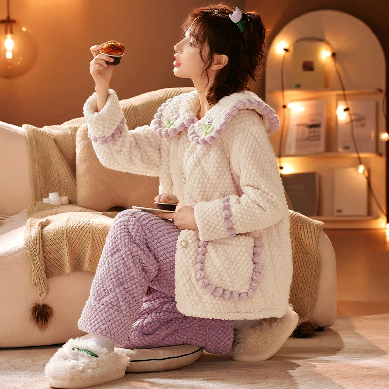 2023冬季新款三层夹棉加厚加绒甜美套裝舒适睡衣女士家居服可外穿
