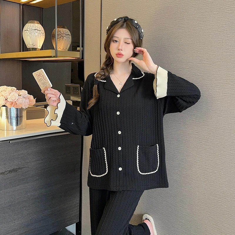 【花边黑】ins韩风亲肤高级棉质花边睡衣女士春秋季2024新款家居服